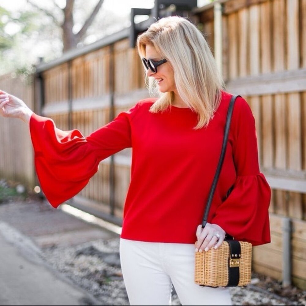 ZARA WOMAN Pleated Flare Ruffle Bell Sleeves Red Blouse‎ Size S